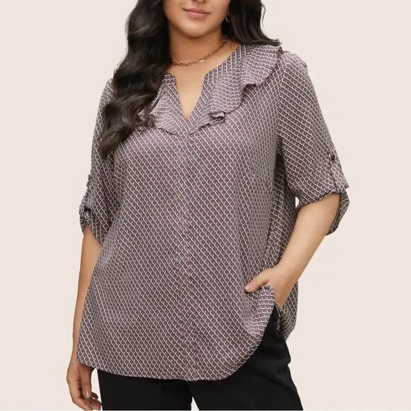 Gingham Ruffle Trim Tab Sleeve Blouse - Picture 1 of 10